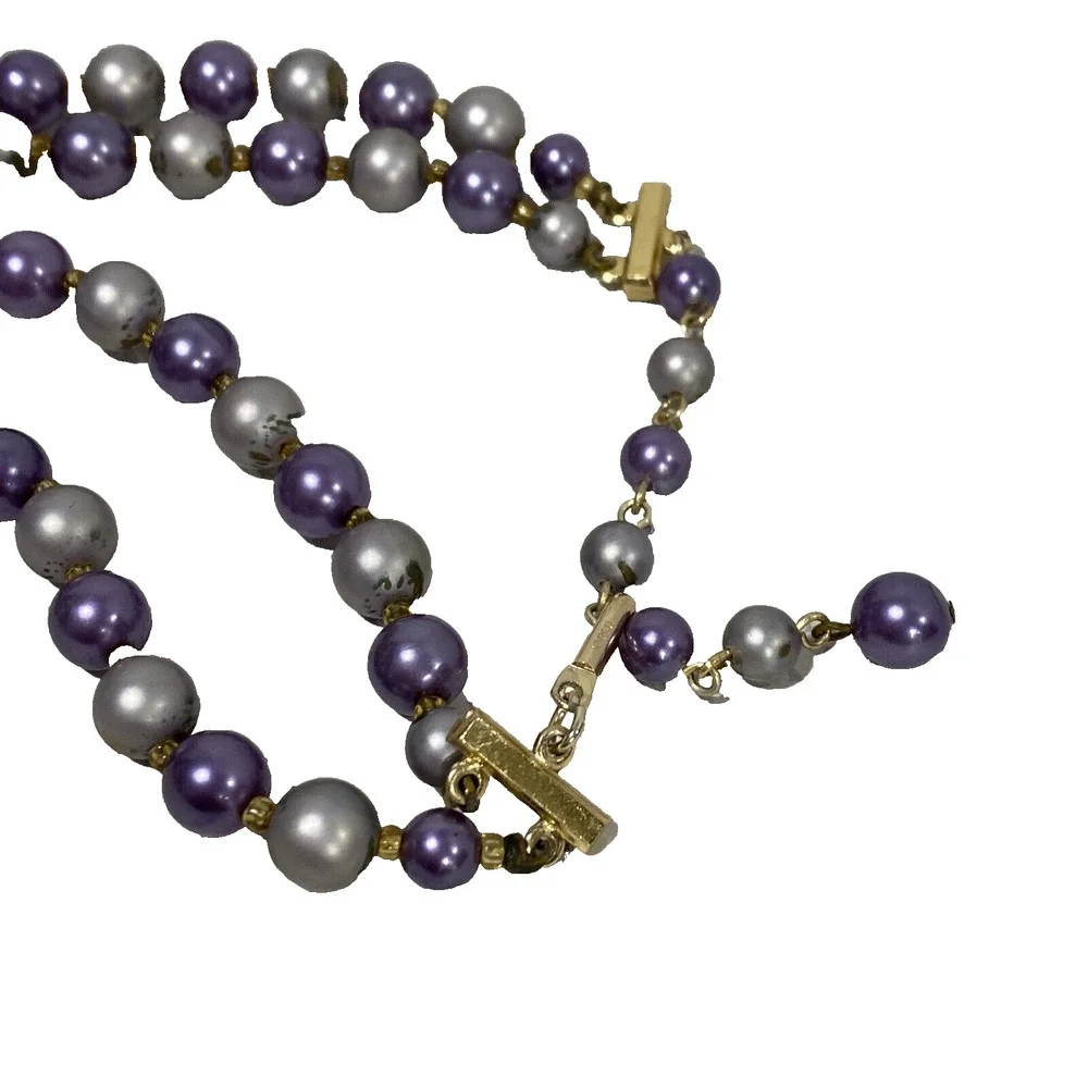Vintage Mid Century Two Strand Choker Necklace Purple Gray Beaded Signed Japan